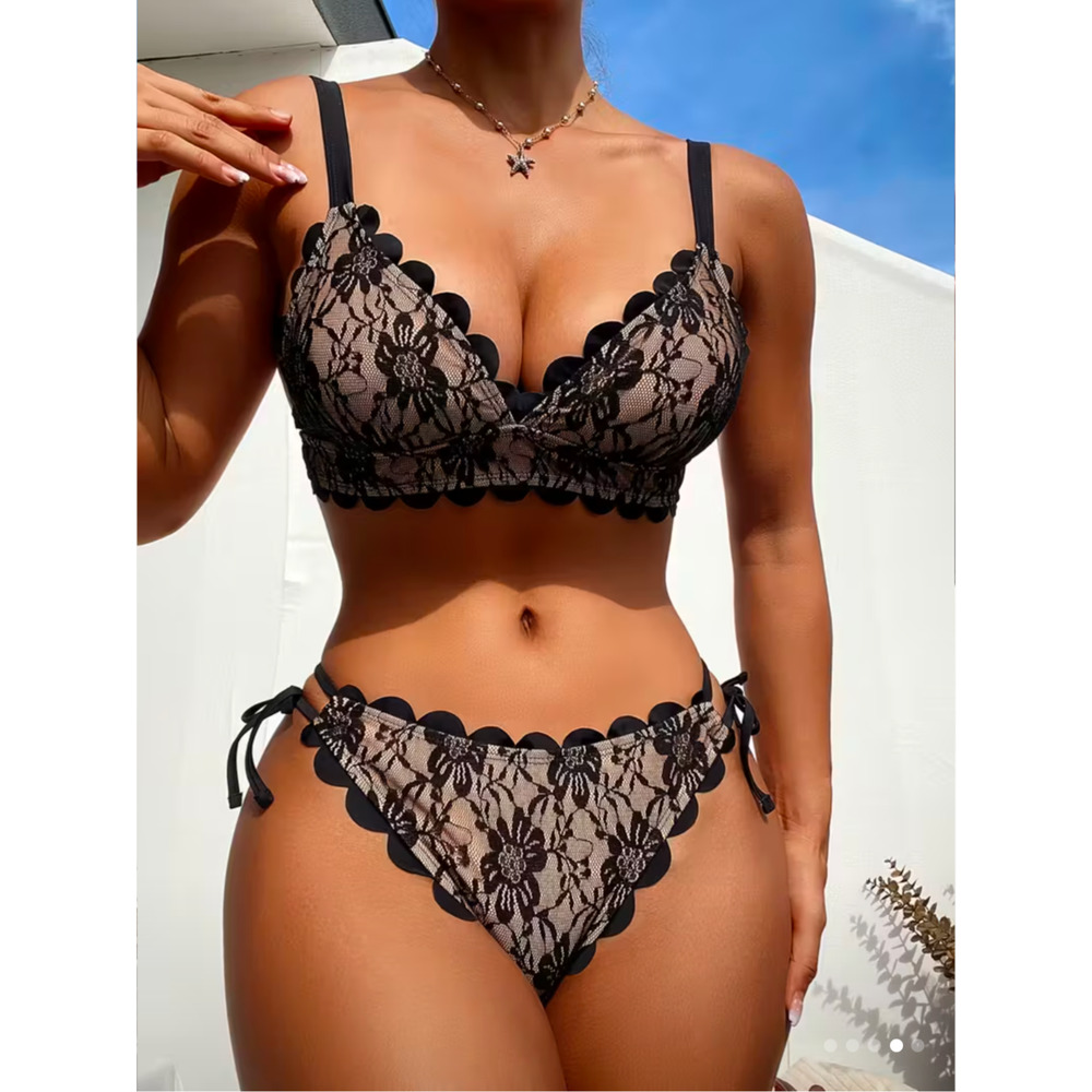 Chic Black & Nude Lace Scalloped Trim Two-Piece Bikini Swimsuit Set Women's L